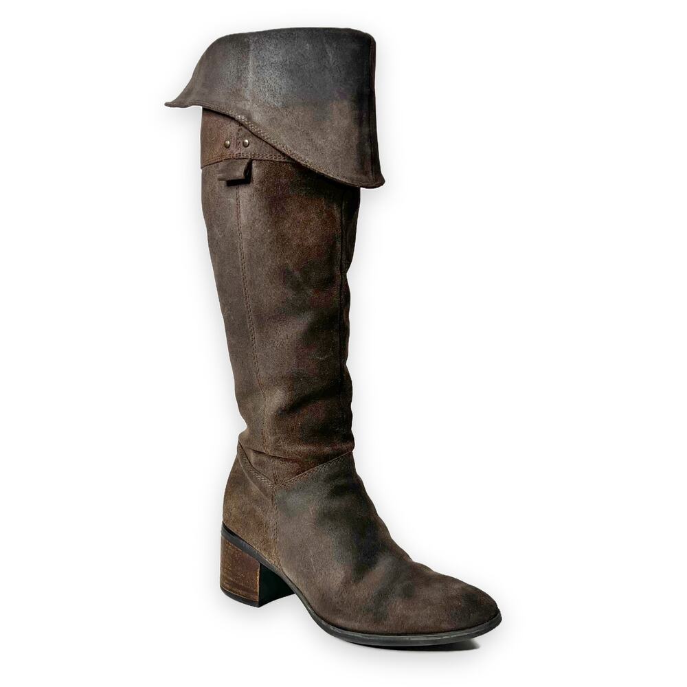 Vtg Clarks Leather Riding Tall Knee Boots size 6.5 M Brown Cuffed 2" Block Heel